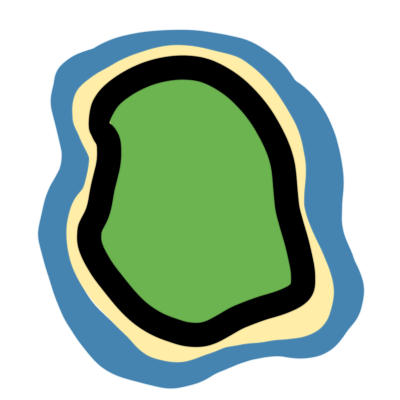 A green shape, outlined in black. around it is light yellow representing sand. around that is blue representing water